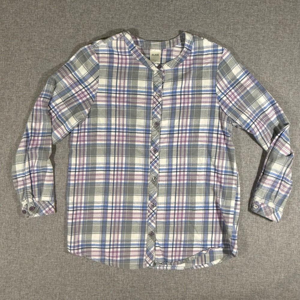 Blair Plaid Flannel Shirt Womens Medium Purple Blue Grey Cotton Mandarin Collar